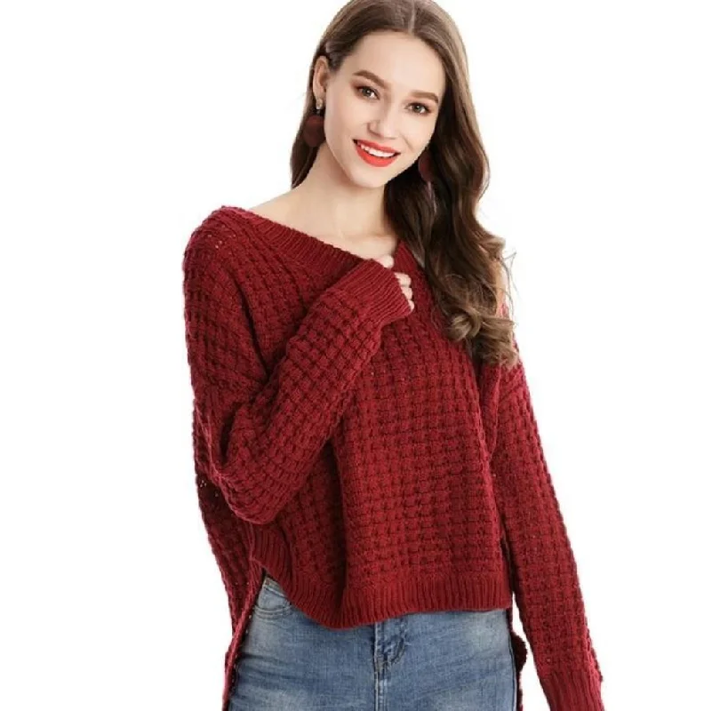 Womens Crewneck Uneven Sweater Wool Fabric Cashmere Fabric Tweed Fabric