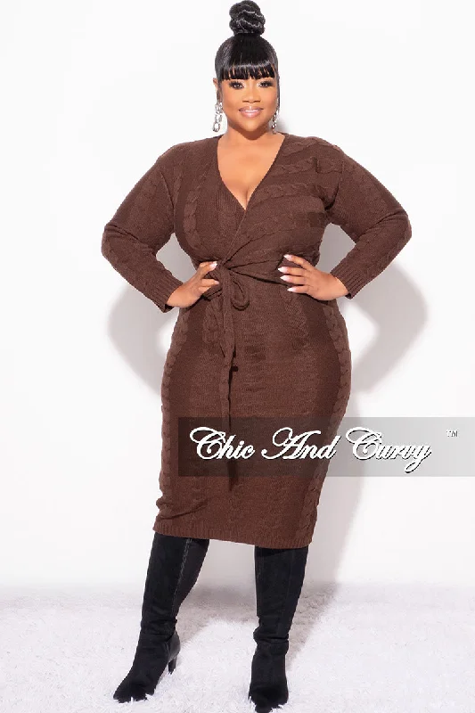 Final Sale Plus Size Faux Wrap Sweater Dress in Brown Welt Pockets Slit Pockets Flap Pockets