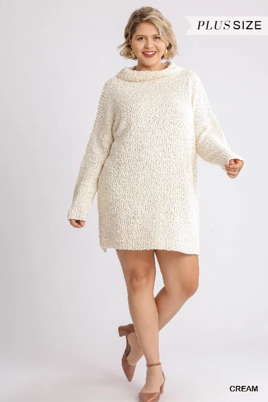 High Cowl Neck Bouclé Long Sleeve Sweater Dress in Cream Elegant Classic Vintage