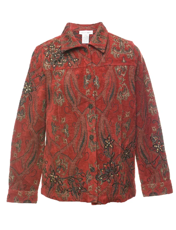 Red & Dark Green Abstract Pattern Tapestry Jacket  - M Lace Jacket Ribbed Jacket Sequined Jacket