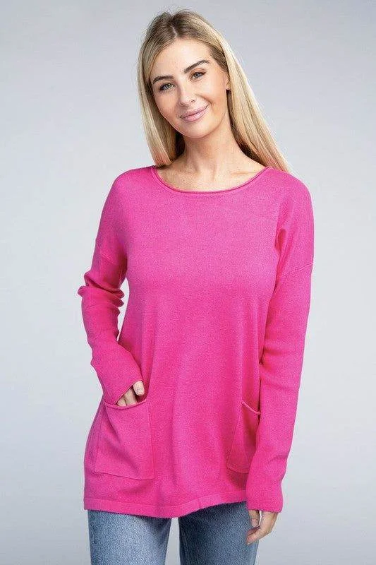 ZENANA | Viscose Front Pockets Sweater Solid Print Embellished
