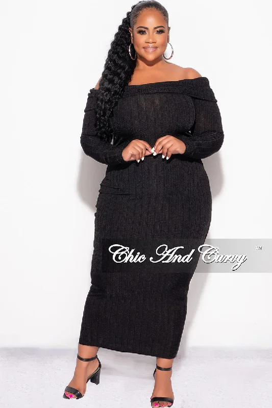 Final Sale Plus Size Off the Shoulder Knit Sweater Dress in Black Ribbed Striped Patterned