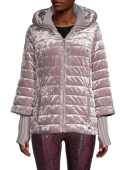 DKNY Sport Crushed Velvet Puffer Jacket - Pink Satin Fabric Silk Fabric Chiffon Fabric