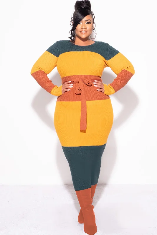 Final Sale Plus Size Ribbed Midi Sweater Dress in Mustard, Green & Rust Fleece Fabric Down Fabric Feather Fabric