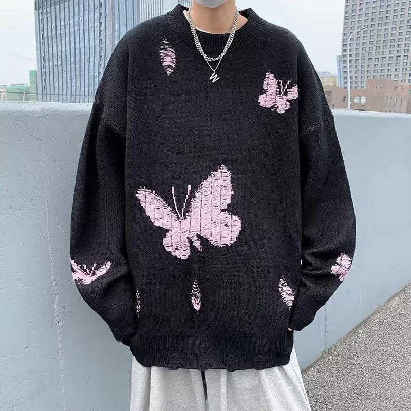 Butterfly Distressed Knitted Sweater Open Front Closed Front Wrap Front