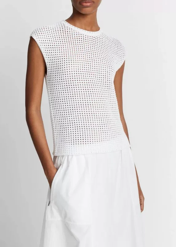 Mesh-Stitch Cap-Sleeve Crew Neck Sweater Handmade Hand-knitted Hand-woven