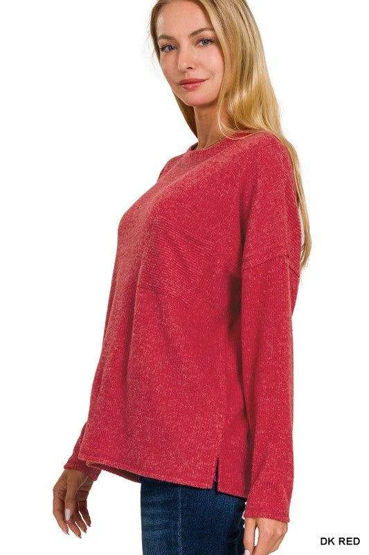 ZENANA Ribbed Brushed Melange Hacci Sweater with a Pocket Anti-Pilling Anti-Shrink Durable