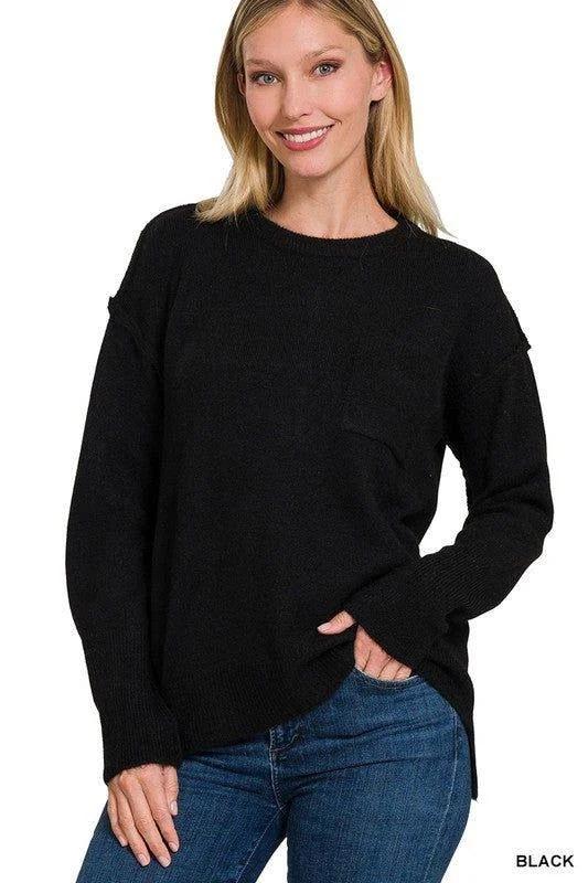 Zenana Melange Hi-Low Hem Round Neck Sweater Chenille Fabric Brocade Fabric Lace Fabric