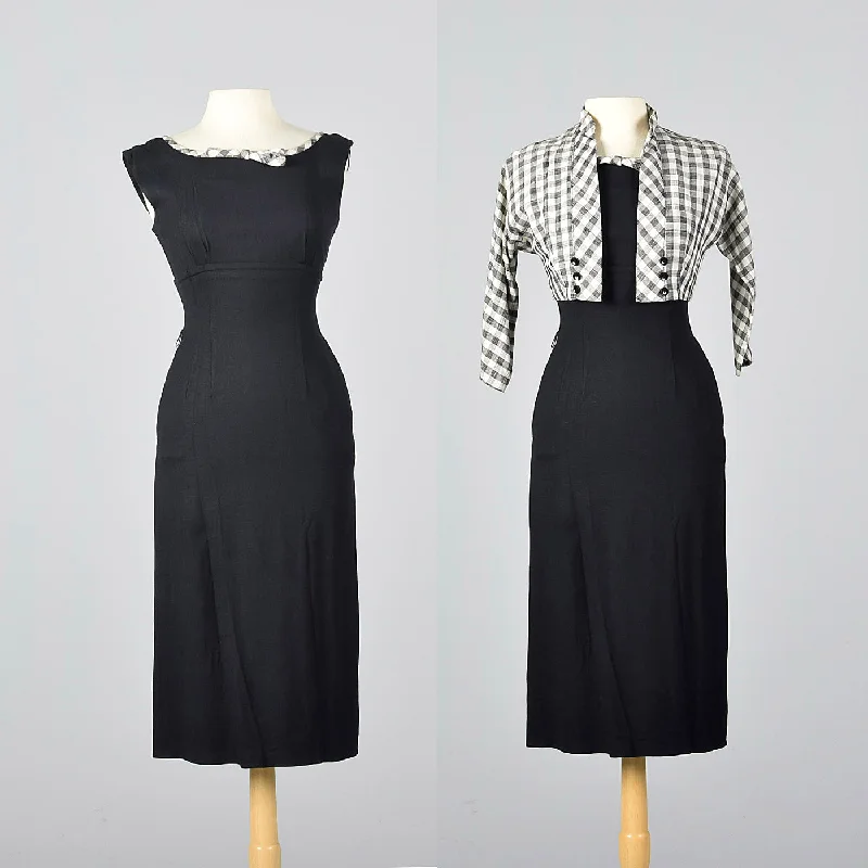 1950s Black Wiggle Dress with Gingham Trim and Jacket Striped Jacket Polka Dot Jacket Floral Jacket