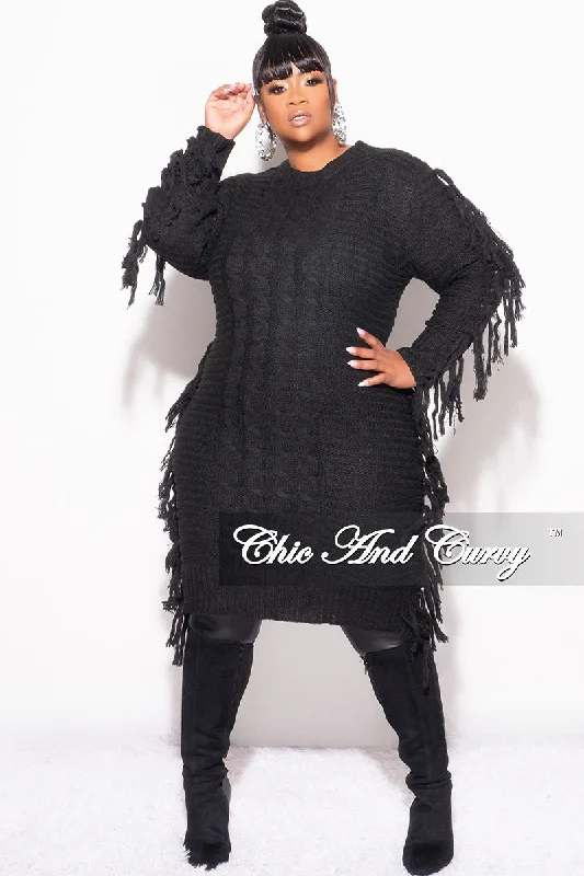 Final Sale Plus Size Fringe Sweater Dress in Black Zippered Front Buttoned Front Snap Front