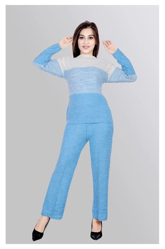 Sky Blue and White Gradient Knitwear Set – Sweater and Pants Mesh Blend Leather Blend Suede Blend