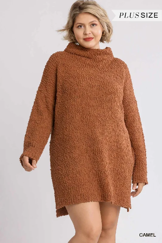 High Cowl Neck Bouclé Long Sleeve Sweater Dress in Camel Stylish Fashionable Trendy