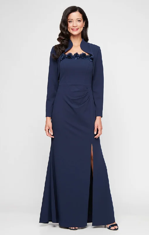 Long Stretch Crepe Bolero Jacket Dress with Flower Neckline Detail and Front Slit Bomber Jacket Anorak Windbreaker