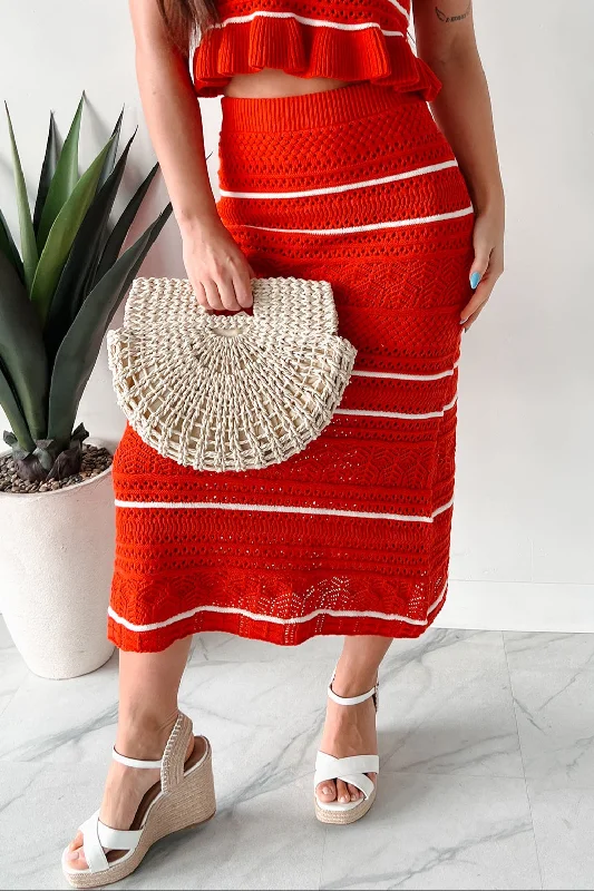 Playful & Pretty Open Knit Sweater Midi Skirt (Red Orange) Handmade Hand-knitted Hand-woven