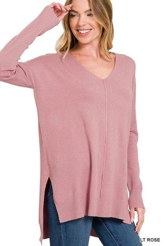 Zenana | Hi Low Hem V Neck Center Seam Sweater Long Sweater Short Sweater Cropped Sweater