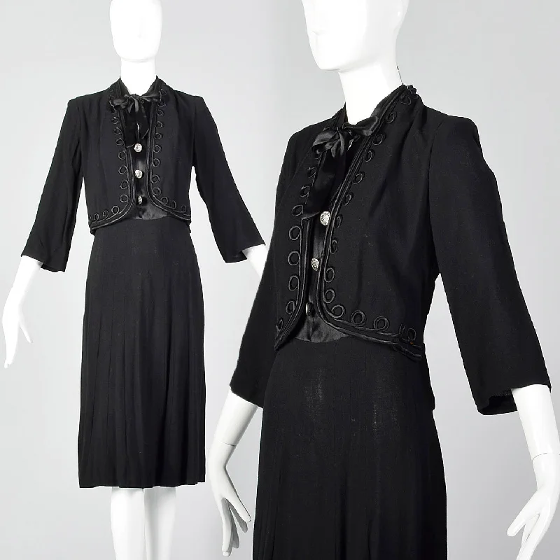 1930s Black Dress with Illusion Jacket Lace Jacket Ribbed Jacket Sequined Jacket