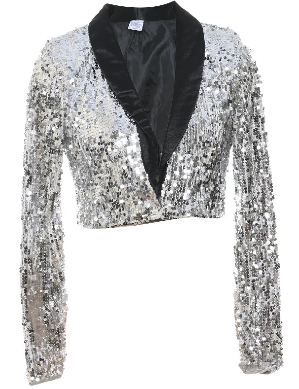 Sequined Black & Silver Evening Jacket - M Satin Jacket Silk Jacket Chiffon Jacket