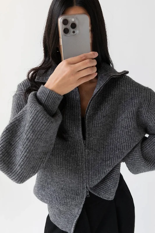 HIGH NECKLINE ZIP UP SWEATER Lace Blend Ribbed Blend Corduroy Blend