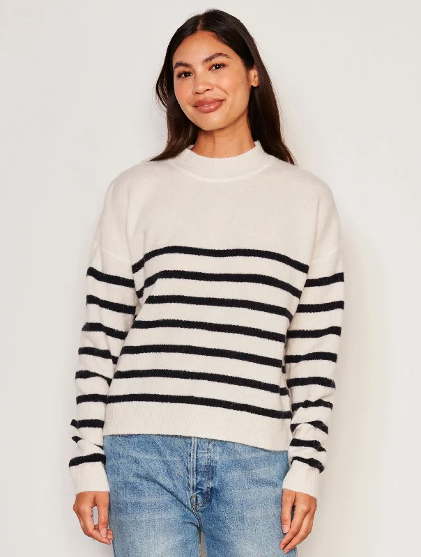 Stripes Mock Neck Cozy Sweater in Oyster Boat Neck Shawl Collar Notched Collar