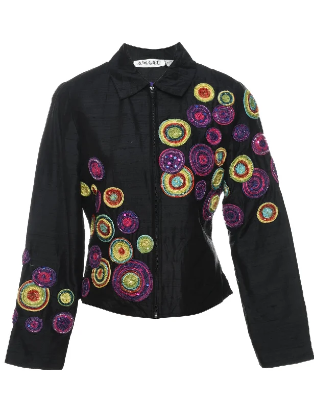 Silk Embroidered & Beaded Zip-Front Evening Jacket - XS Notch Collar Jacket Peter Pan Collar Jacket Cowl Neck Jacket