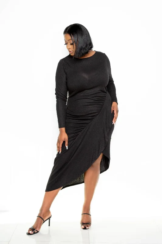 Asymmetrical Sweater Dress With Waterfall Ruffle in Black Boxy Sweater Fitted Sweater A-Line
