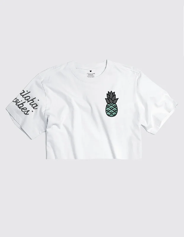 Teal Pineapple Logo Crop Tee - White