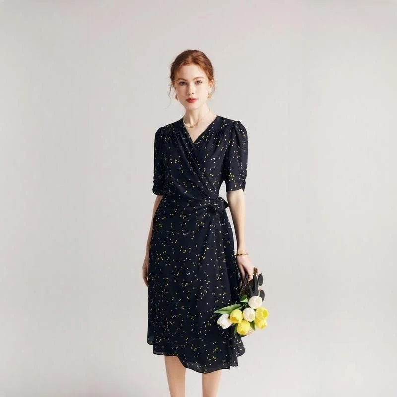 Black Polka Dot Silk Wrap Dress