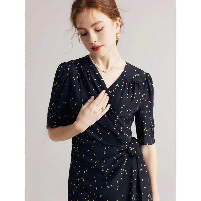 Black Polka Dot Silk Wrap Dress