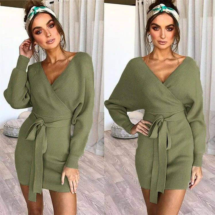 Dicloud sexy v neck sweater dress women knitted vestidos bandage bodycon hollow out wrap dress winter female party dresses