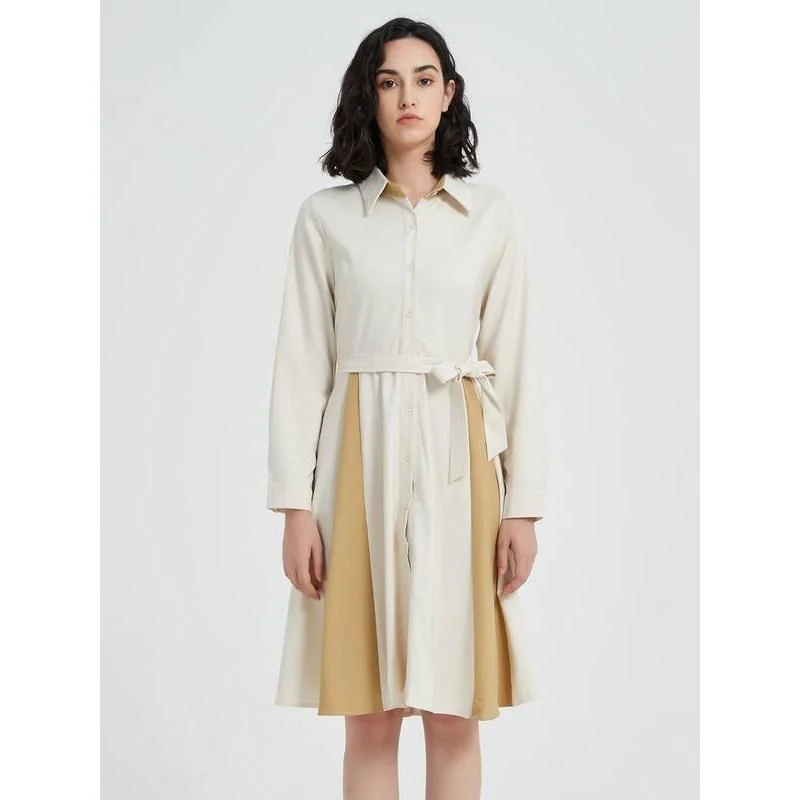 Elegant Beige A-line Long Sleeve Dress with Belt