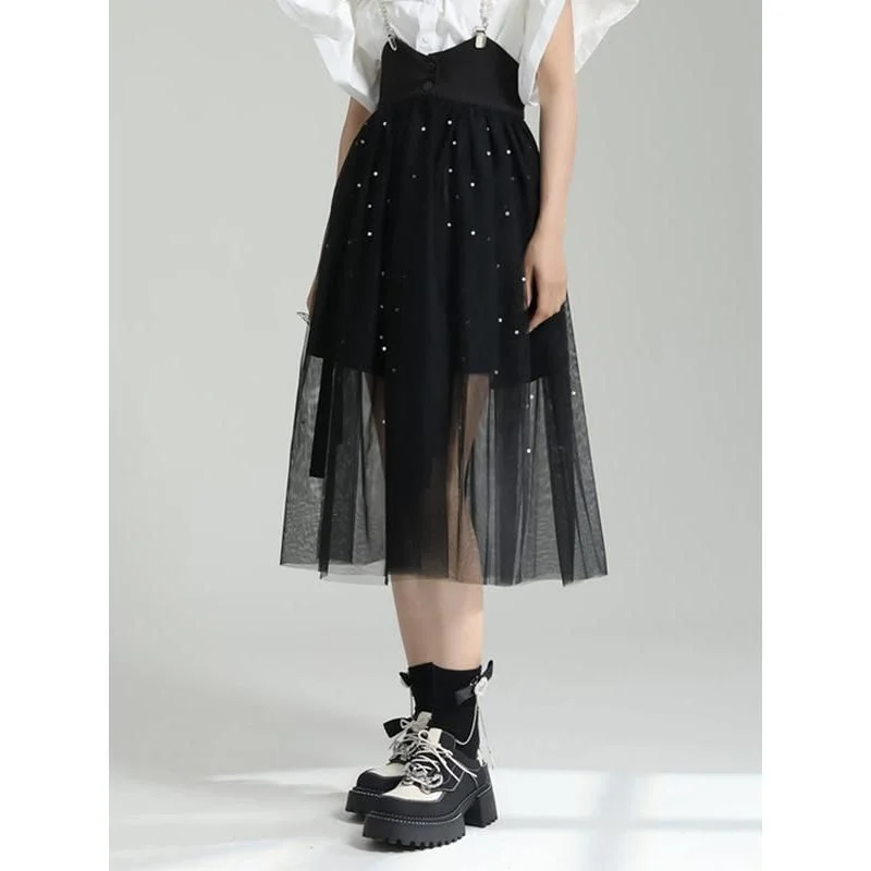 Elegant Black Dot Mesh Half-Body Skirt