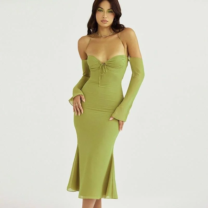 Elegant Off-Shoulder Lace-Up Mesh Midi Dress