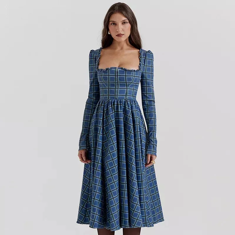 Elegant Plaid A-line Midi Dress