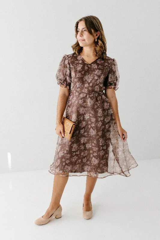 'Fawn' Printed Organza Midi Dress in Soft Brown