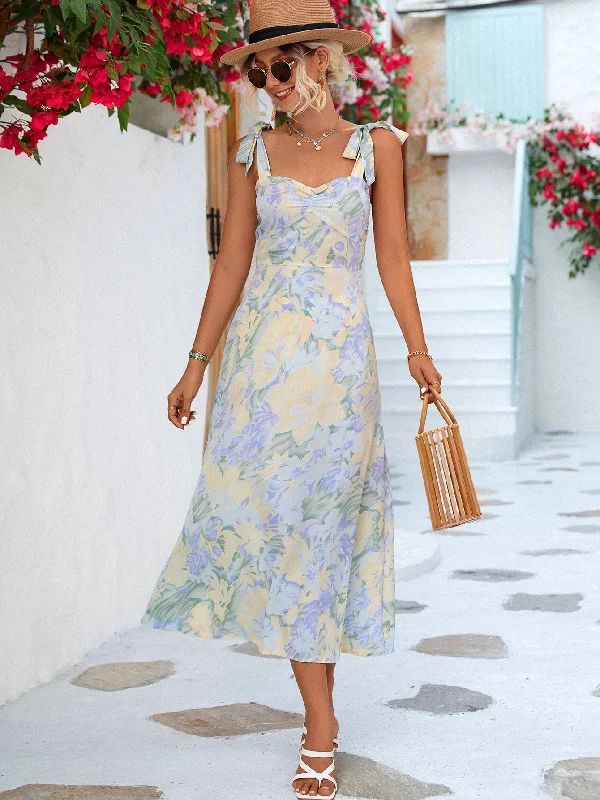 Floral Tie-Shoulder Sweetheart Neck Dress