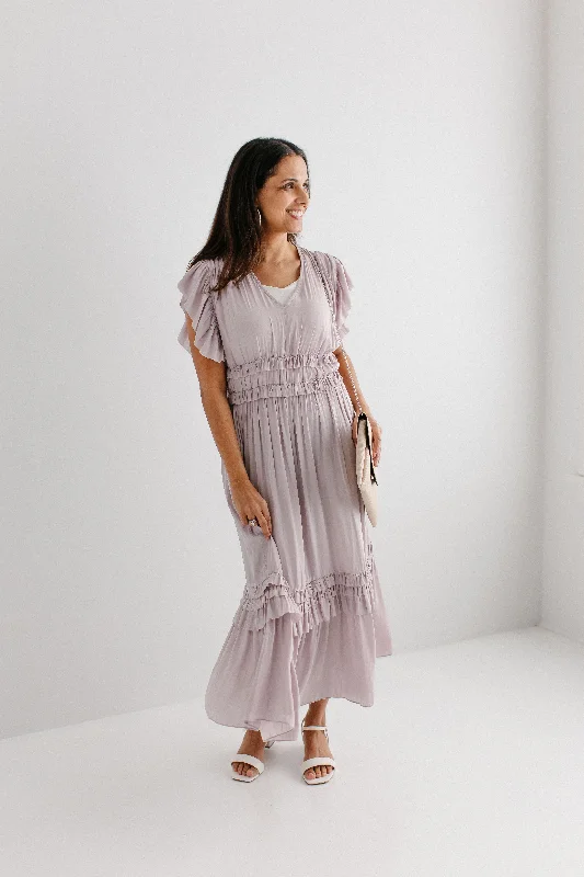 'Genevieve' Ruffled Satin Midi Dress in Soft Lavender FINAL SALE