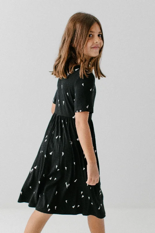 'Annie' Girl Bamboo Blend Midi Dress in Black Abstract Print