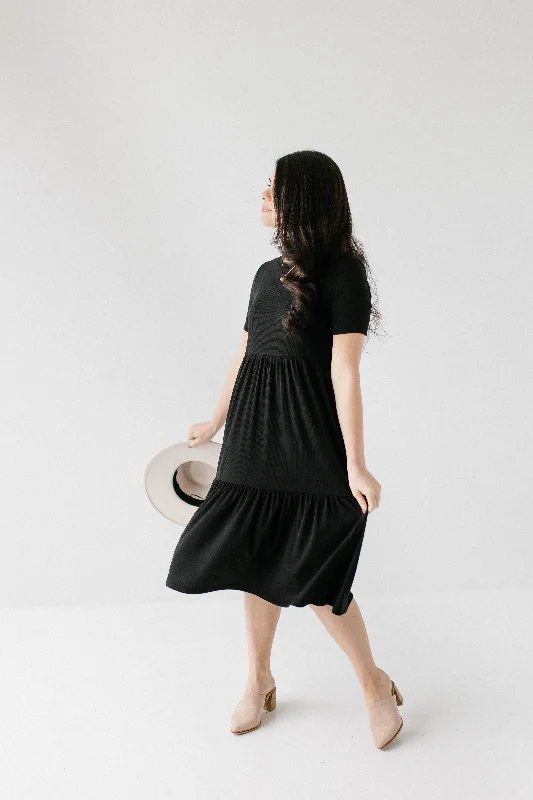 'Josie' Ribbed Tiered Midi Dress in Black