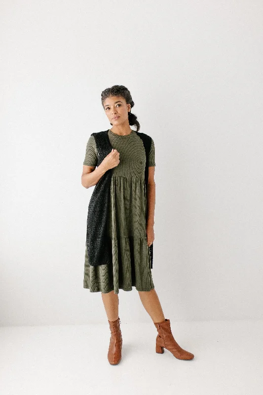 'Josie' Ribbed Tiered Midi Dress in Deep Olive