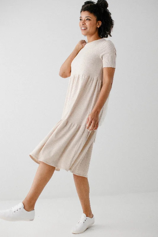 'Josie' Ribbed Tiered Midi Dress in Oatmeal