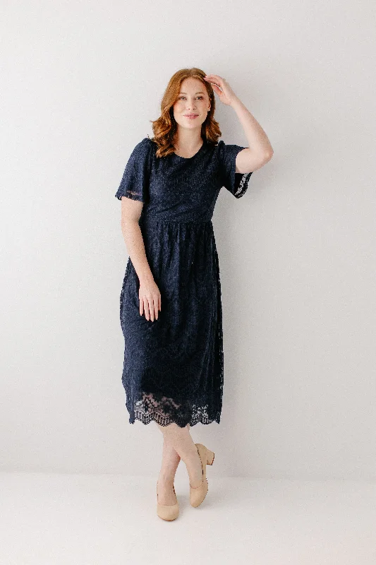 'Katerina' Embroidered Mesh Midi Dress in Navy