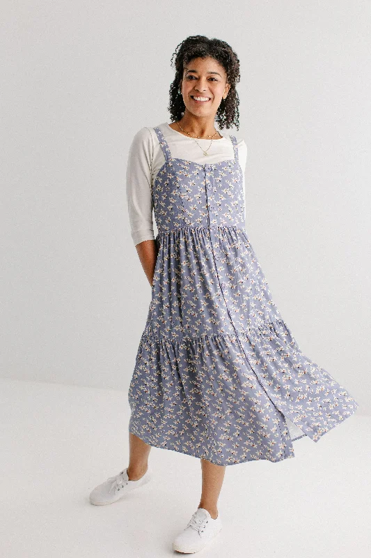 'Kinsley' Printed Floral Pinafore Dress in Dusty Blue