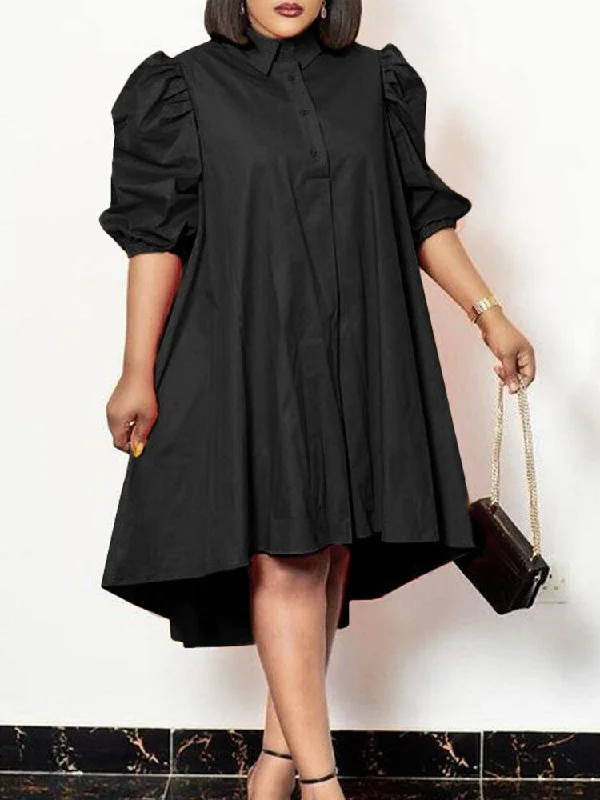 Lapel Solid Leisure Casual Puff Sleeve Dress For Women