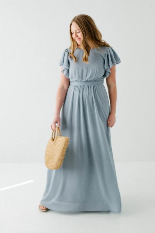 'Lisette' Flutter Sleeve Chiffon Maxi Dress in Dusty Blue