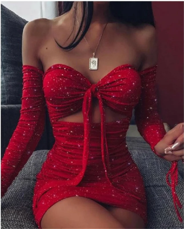 Long Sleeve Shiny Tube Top Strap Hollow Out Women's Sexy Dress