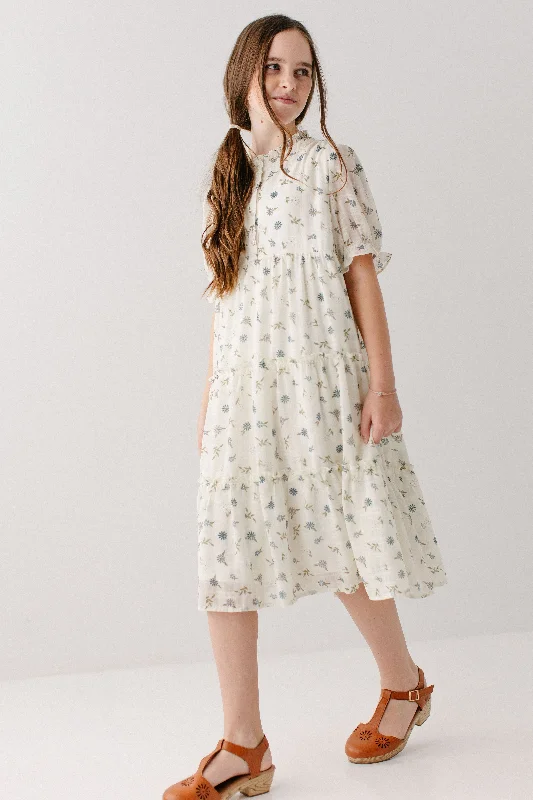 'Malena' Girl Ruffled Ditsy Floral Dress in Cream