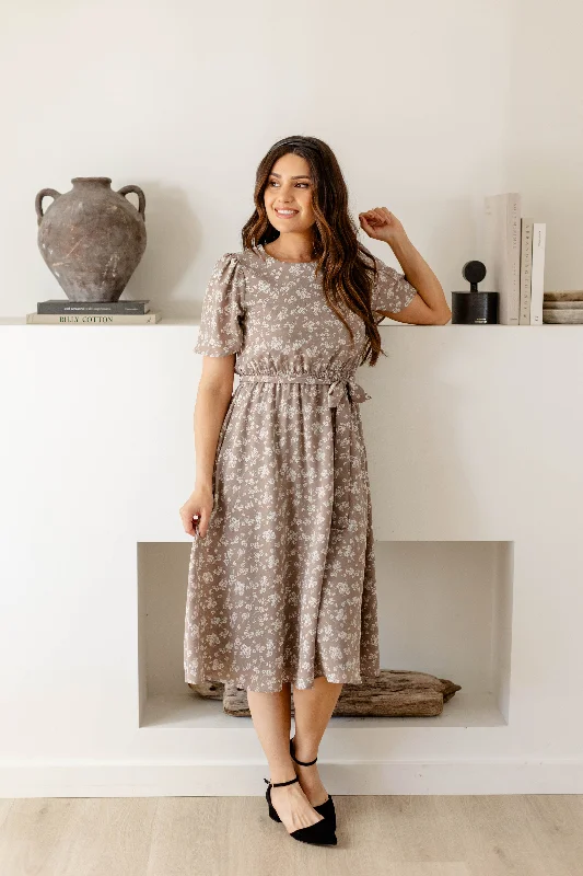 'Ramona' Floral Midi Dress in Soft Taupe