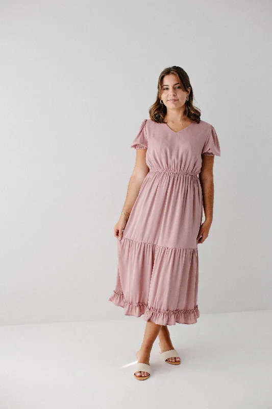 'Serene' Washed Satin Ruffle Midi Dress in Blush