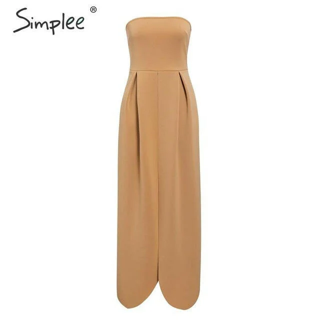 Simplee Elegant women evening party dress High waist strapless patchwork maxi dress Sexy ladies autumn solid chic bodycon dress