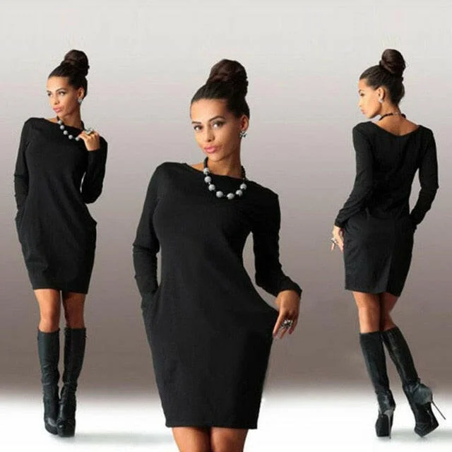 Solid Pockets Casual Loose Autumn Dress Women's O-Neck Long Sleeve Mini Bodycon Dresses vestidos